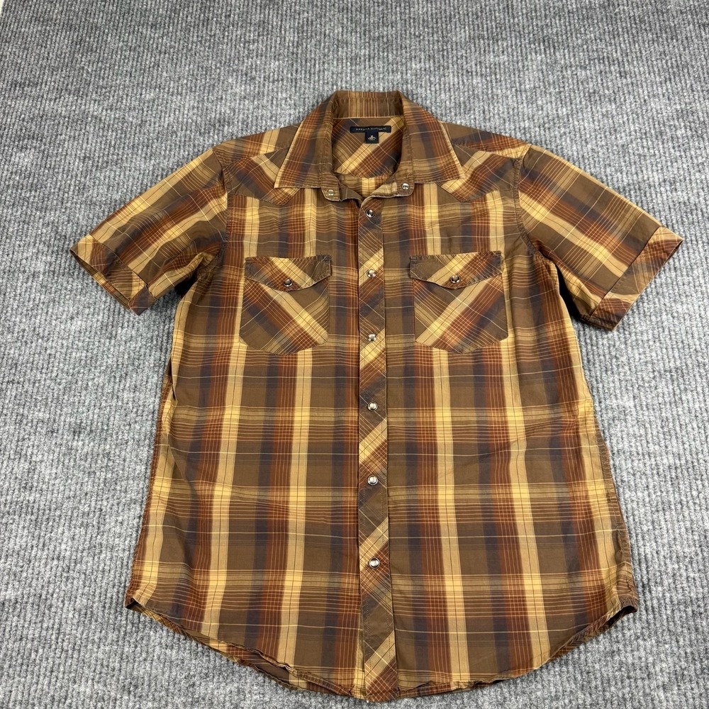 Vtg Banana Republic Pearl Snap Shirt Mens M Brown Plaid Western Short Sleeve